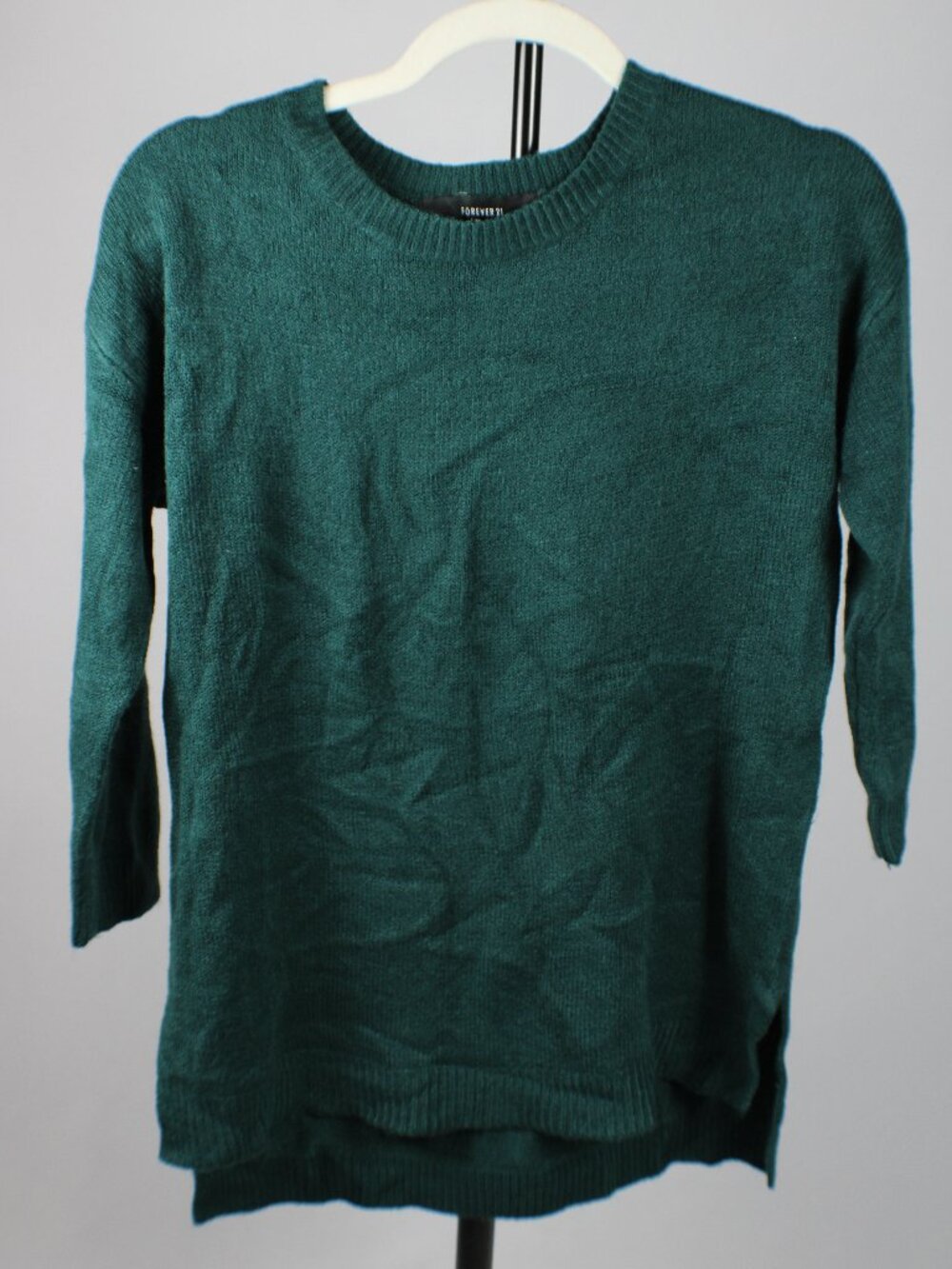 Forever 21 Emerald Green Ribbed Trim High Low Tunic Crewneck Sweater Small